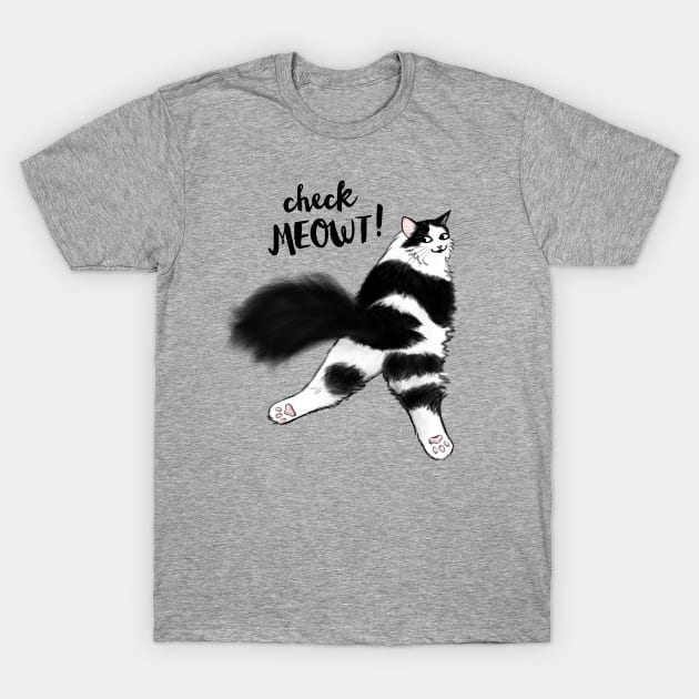 Check Meowt! Funny Cat Sploot | Black and White Cat T-Shirt by Coffee Squirrel